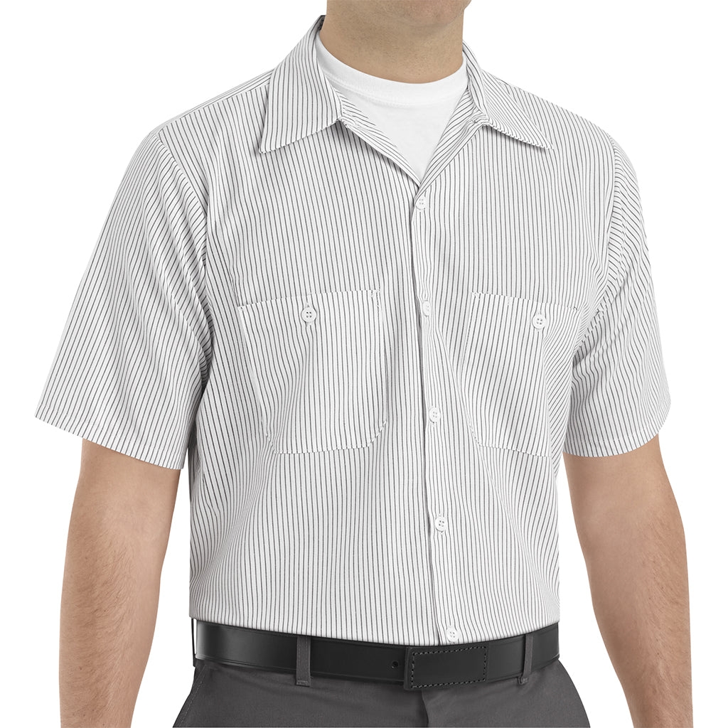 White short-sleeve shirt with charcoal stripes worn by a person on a white background