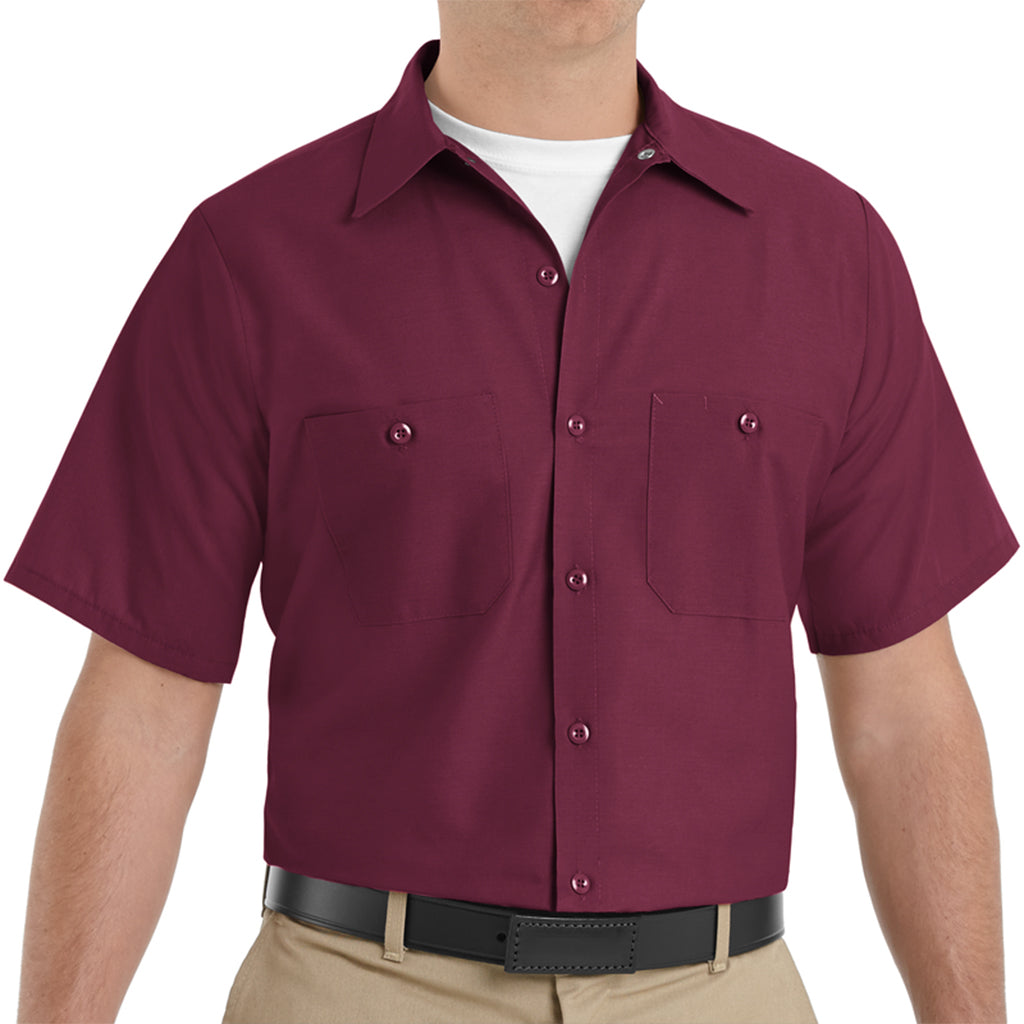 Maroon short-sleeve work shirt worn by a person on a white background