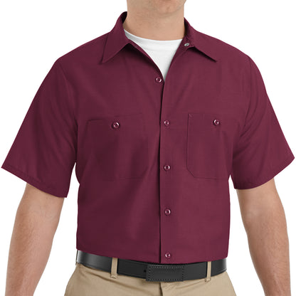Maroon short-sleeve work shirt worn by a person on a white background