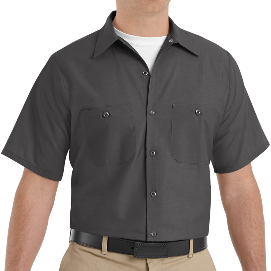 Gray short-sleeve work shirt worn by a person on a white background