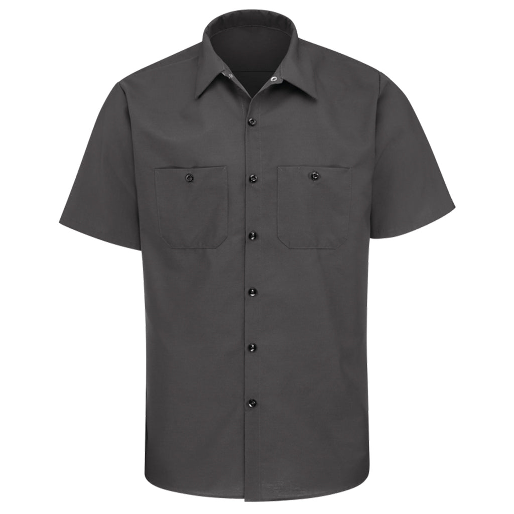 Gray short-sleeve work shirt with button details on a white background