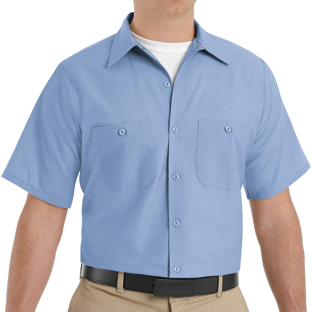 Light blue short-sleeve work shirt worn by a person on a white background