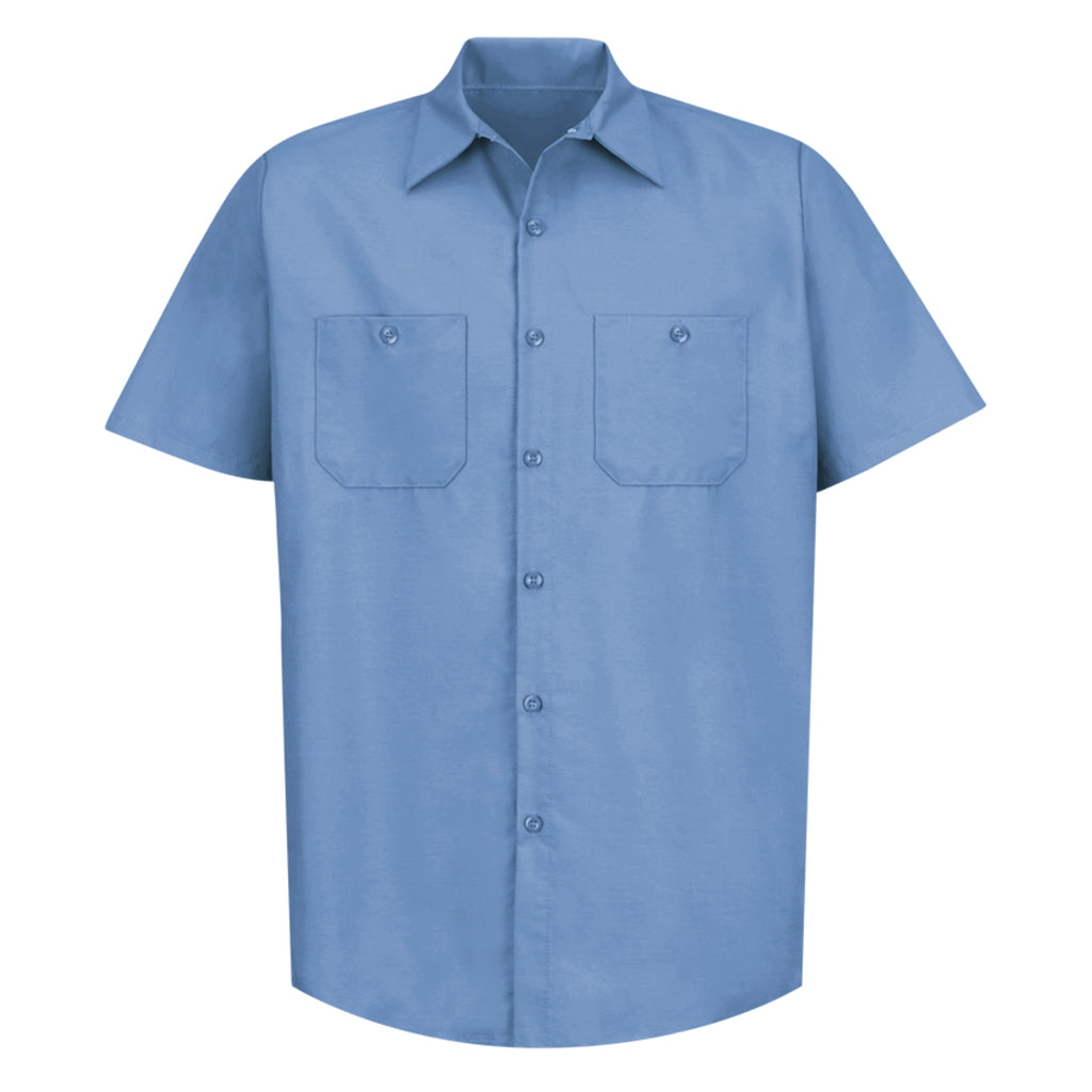 Blue short-sleeve button-up shirt on a white background
