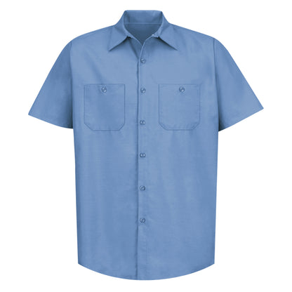 Blue short-sleeve button-up shirt on a white background