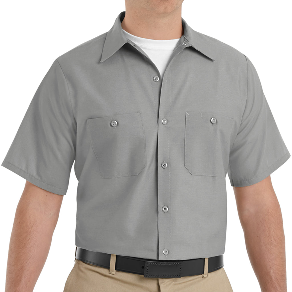 Gray short-sleeve work shirt worn by a person on a white background