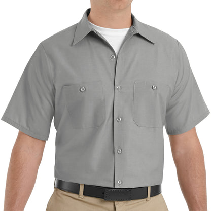 Gray short-sleeve work shirt worn by a person on a white background