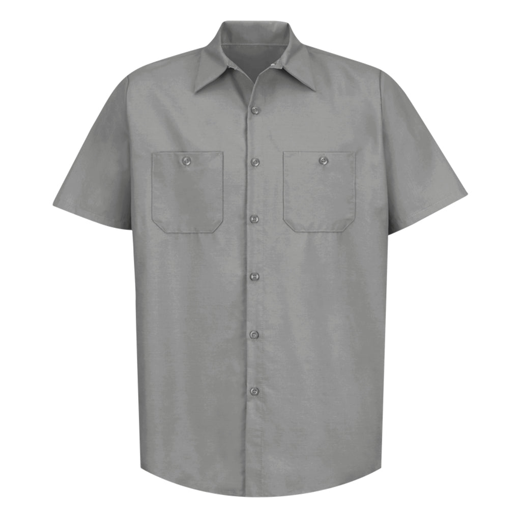 Gray short-sleeve button-up shirt with two front pockets on a white background