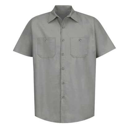 Gray short-sleeve button-up shirt with two front pockets on a white background