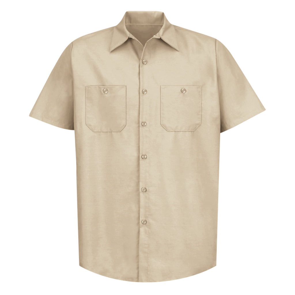 Beige short-sleeve shirt with two front pockets on a white background