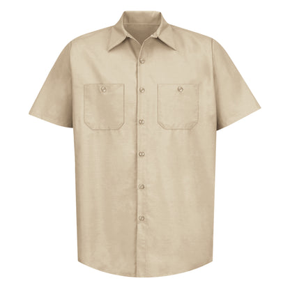Beige short-sleeve shirt with two front pockets on a white background
