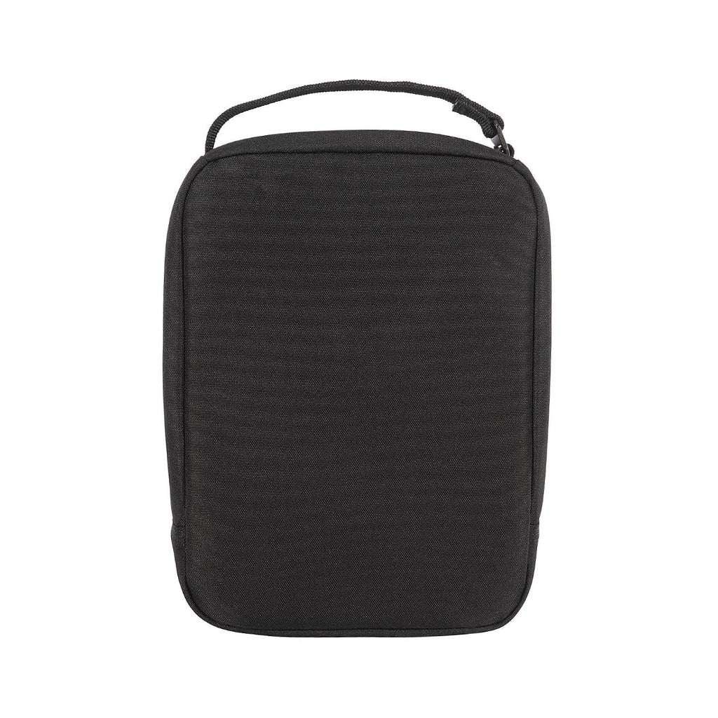 Black zippered cooler on a white background