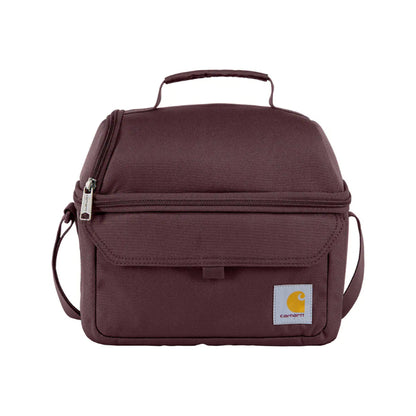 Burgundy insulated lunch bag with Carhartt logo on a white background