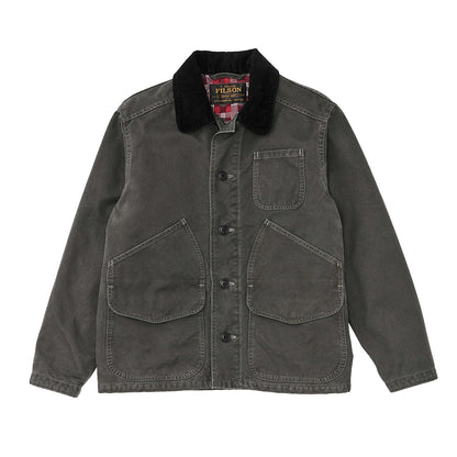 Dark gray jacket with plaid lining on a white background