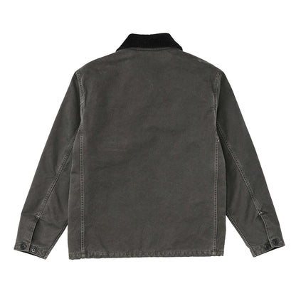Back view of a dark gray jacket on a white background