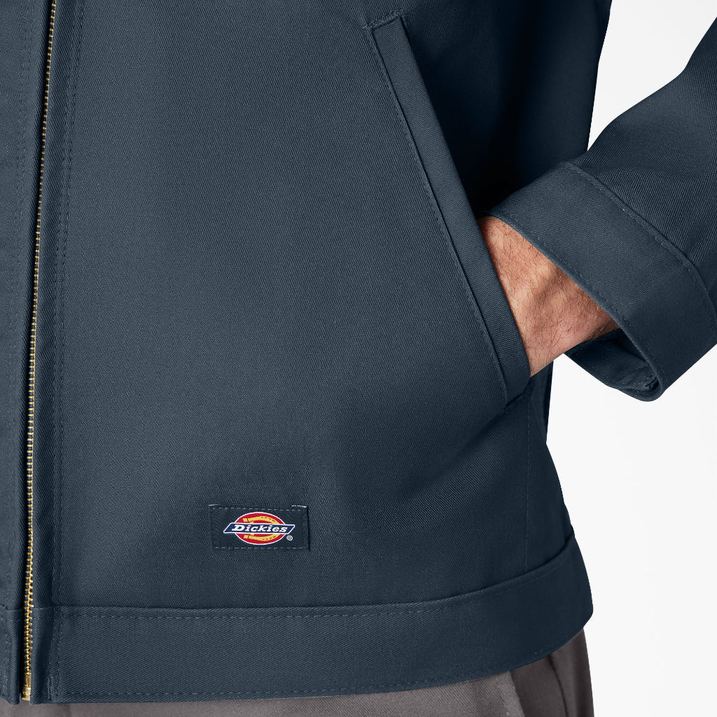 Navy blue jacket with Dickies logo on a white background