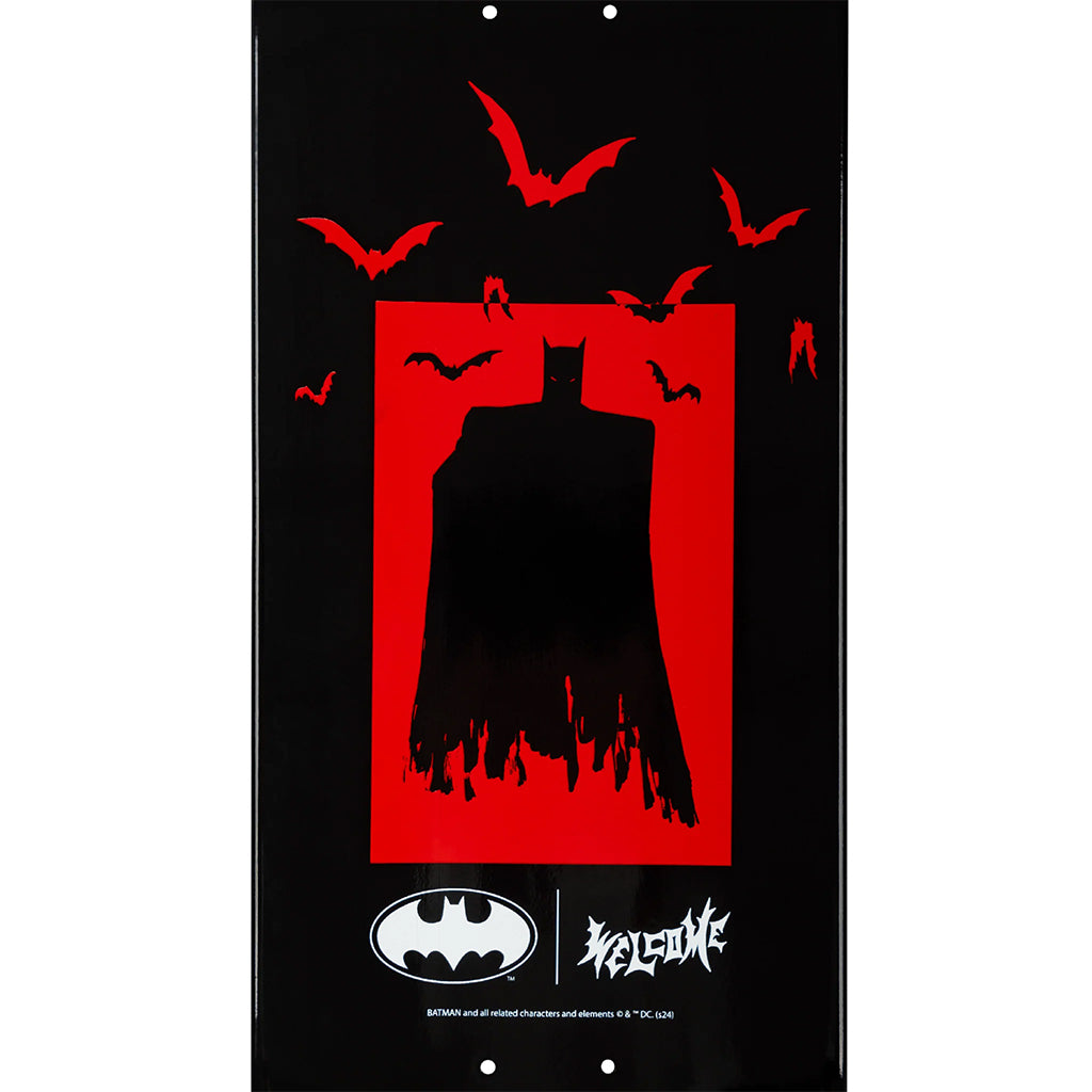 Batman-themed skateboard deck with red and black design on a white background