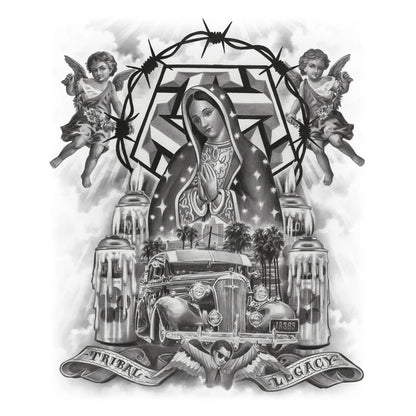 Black and white illustration with a central figure, car, and text on a white background