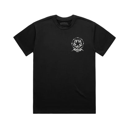 Black t-shirt with a white logo on a white background