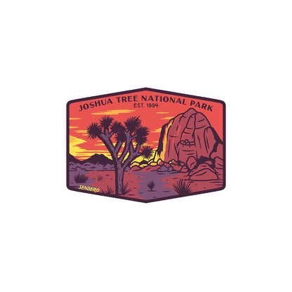 Stylized illustration of Joshua Tree National Park with sunset and rock formation.