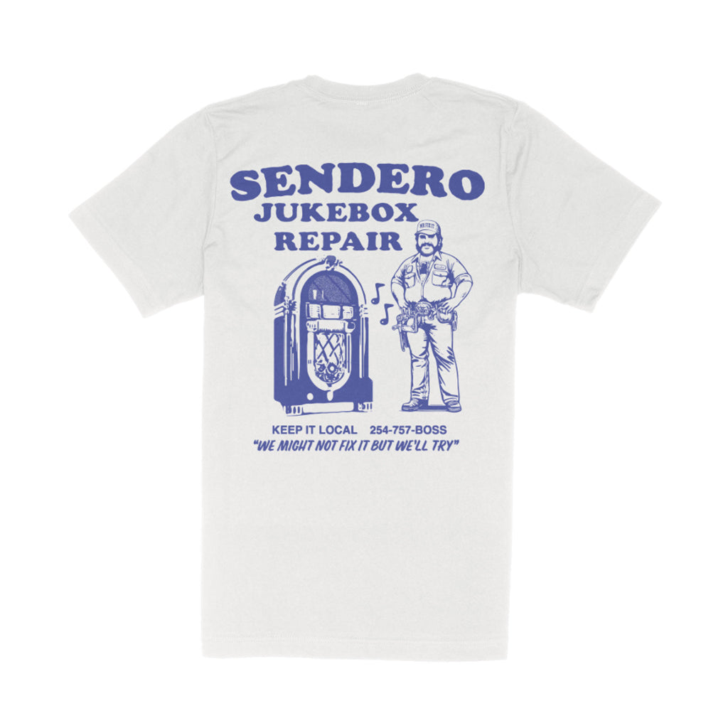 White t-shirt with blue graphic and text on a white background