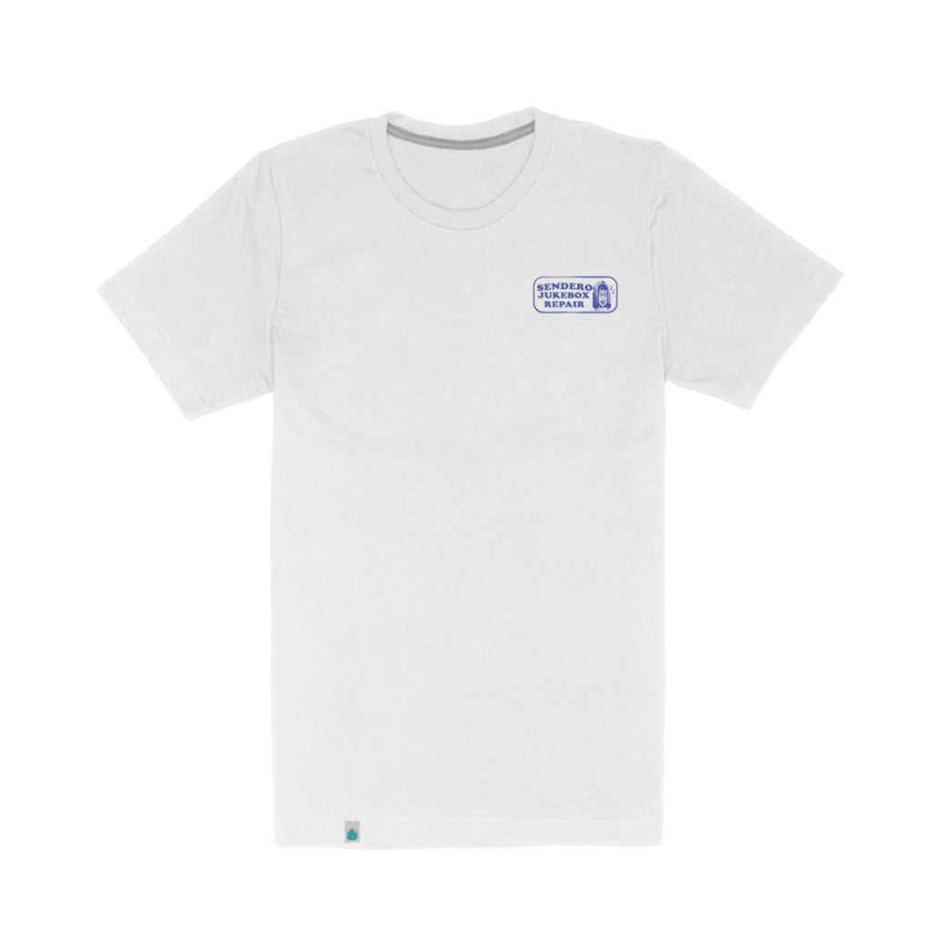 White t-shirt with a small blue logo on a white background
