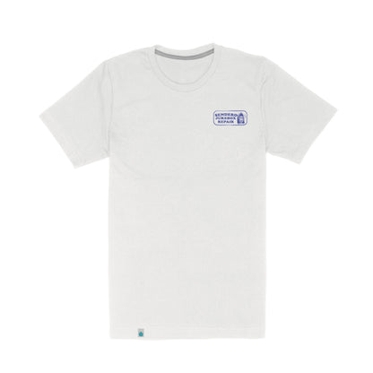 White t-shirt with a small blue logo on a white background