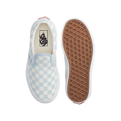 Checkerboard patterned slip-on sneaker with brown sole on a white background