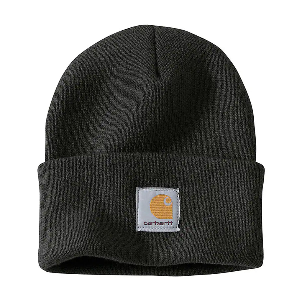 Black Carhartt Beanie with grey logo carhartt patch on a white background 