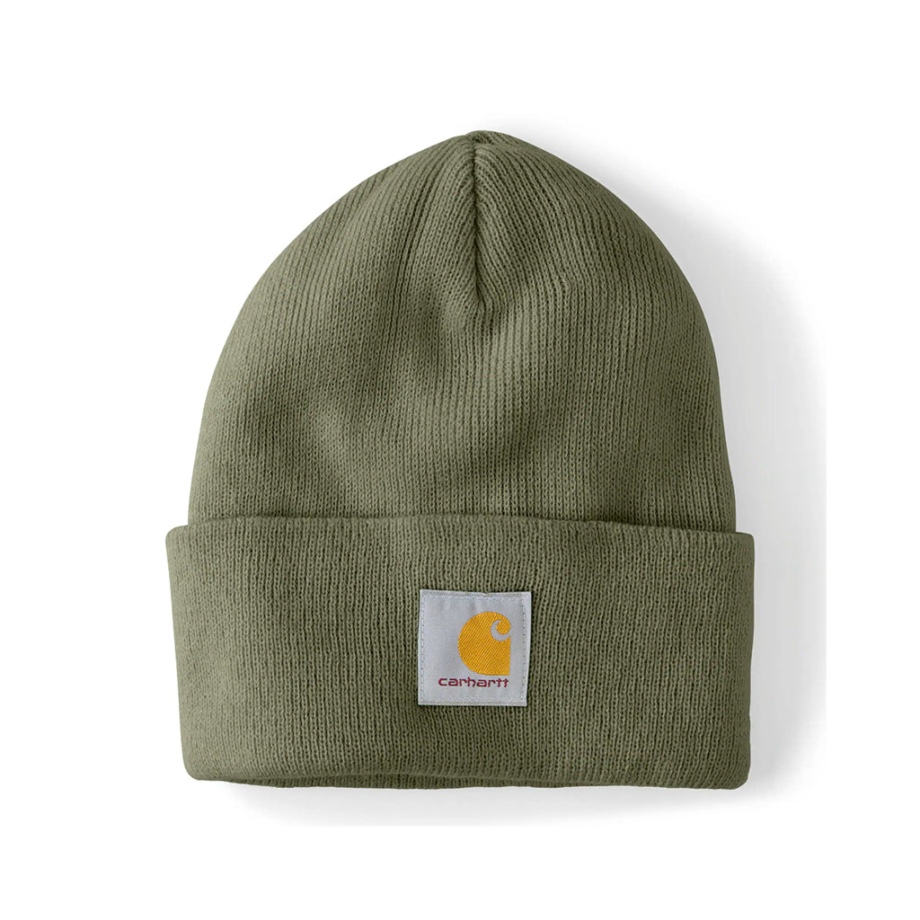 Dusty Olive beanie with a Carhartt Logo on a white background
