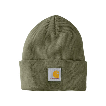 Dusty Olive beanie with a Carhartt Logo on a white background