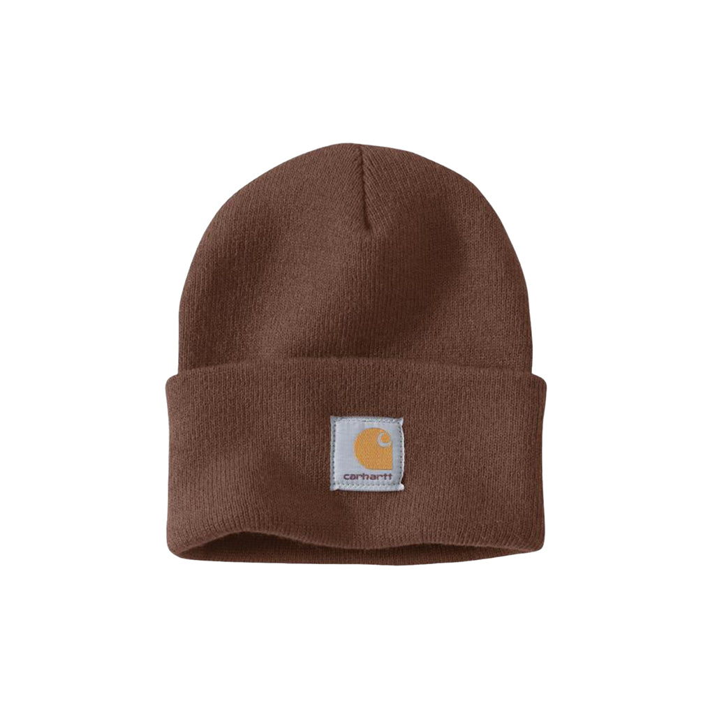 Brown beanie with Carhartt logo on a white background