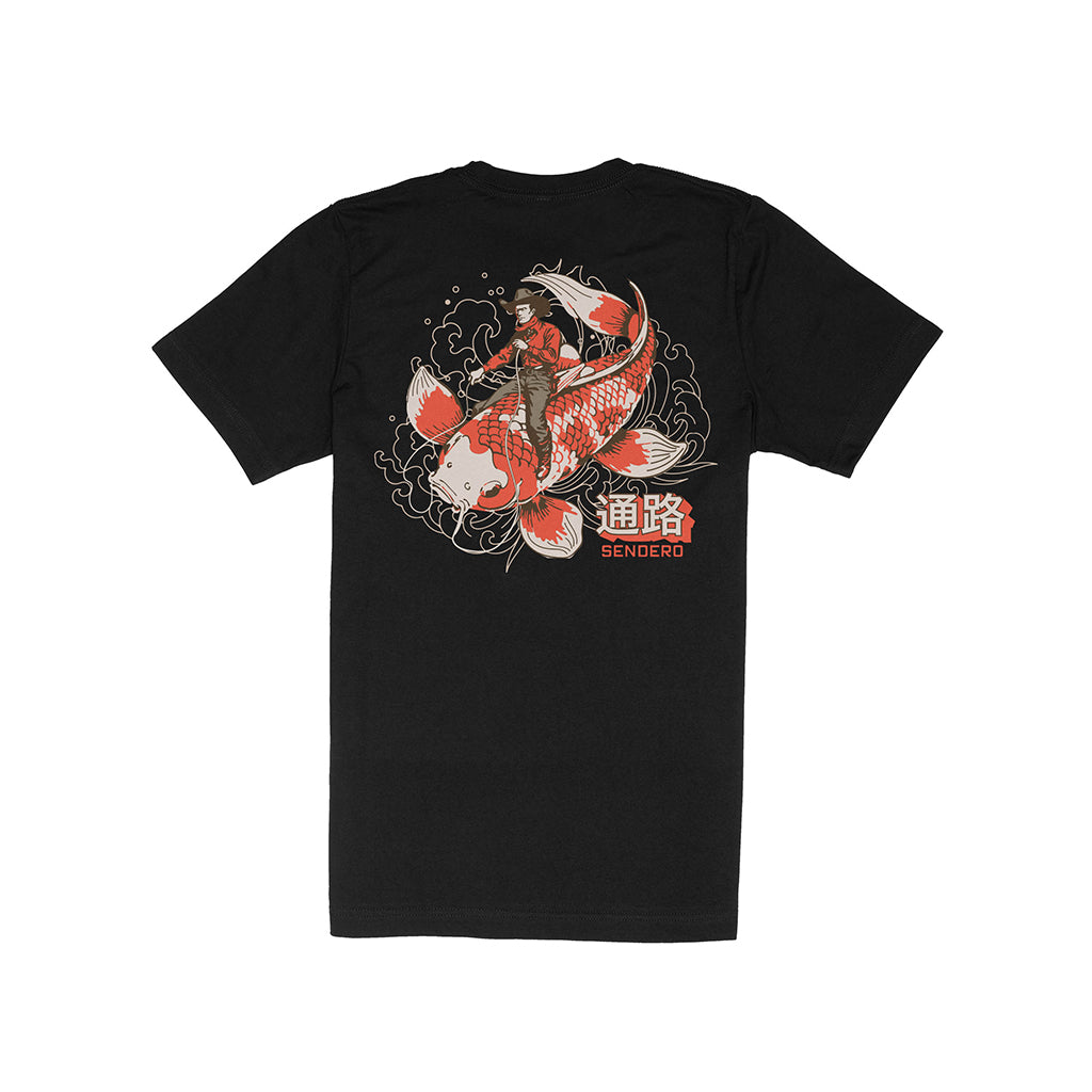 Black t-shirt with a graphic design of a person riding a fish on a white background