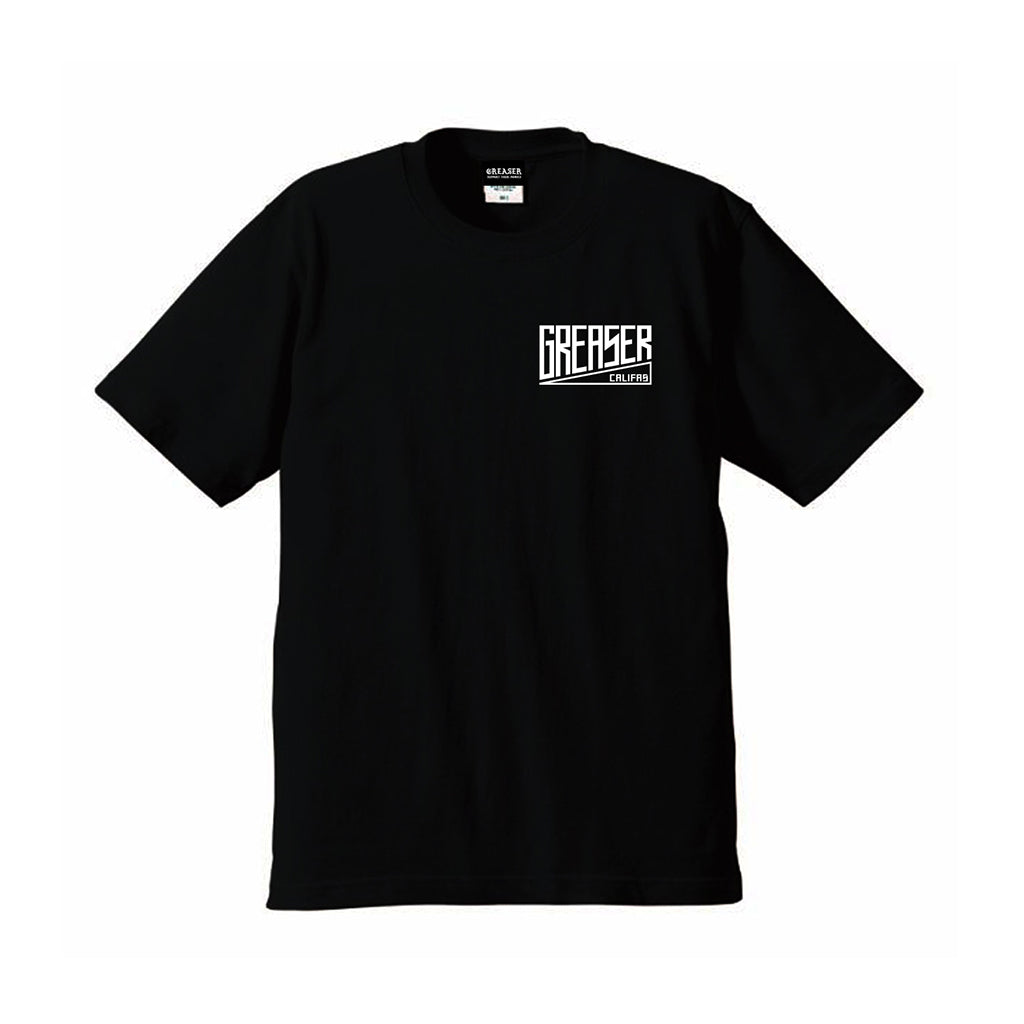 Black t-shirt with white accents on a light gray background