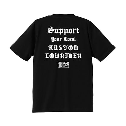 Black t-shirt with white text on the back on a white background