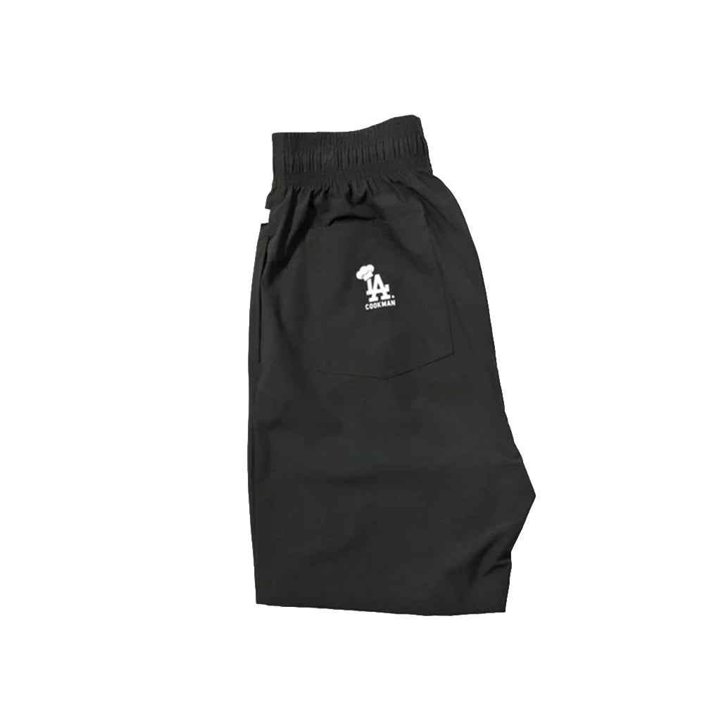 Black pants with a white logo on a white background