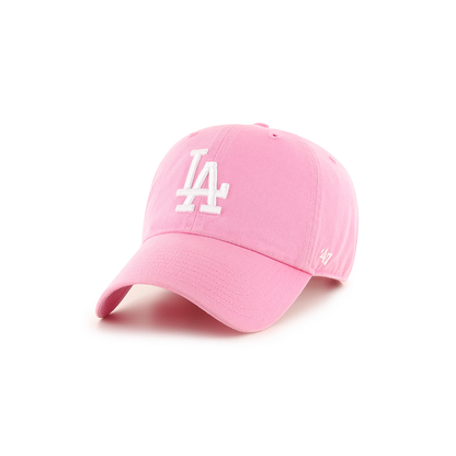 A pink baseball cap featuring a white embroidered 'LA' logo on the front and a small white '47' logo on the side, set against a plain white background.