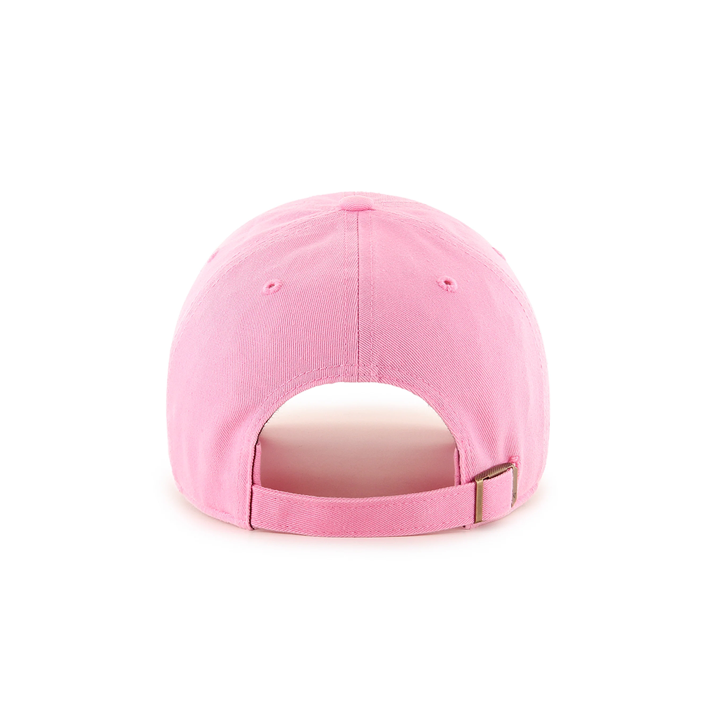 A pink baseball cap shown from the back, featuring a curved back strap with a small metallic gold buckle, set against a plain white background.