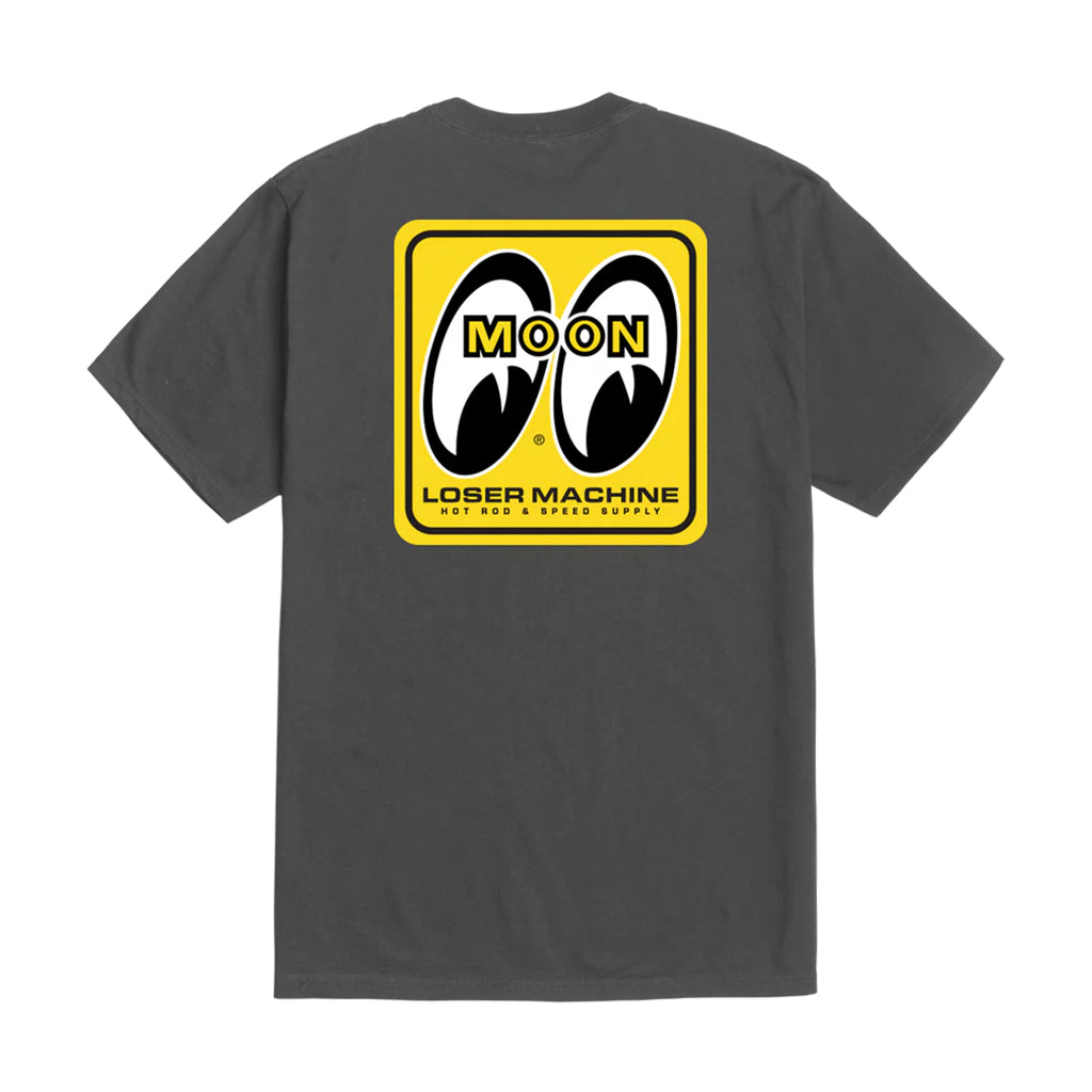 Gray t-shirt with a yellow and black logo on the back