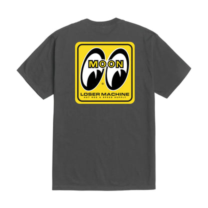 Gray t-shirt with a yellow and black logo on the back