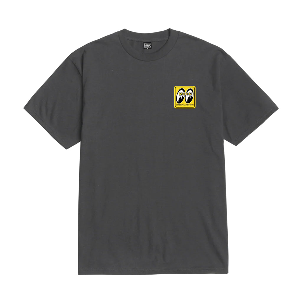 Gray t-shirt with a yellow and black logo on a white background