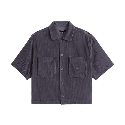 Dark gray short-sleeve shirt with two front pockets on a white background