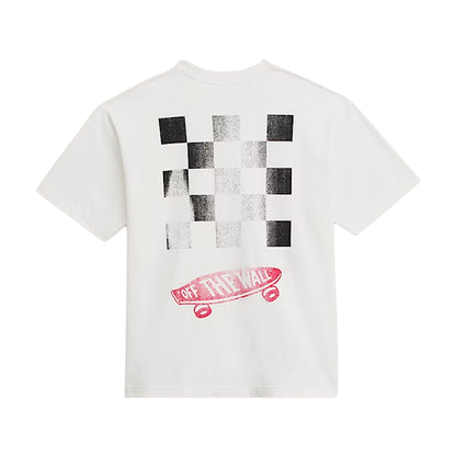 White t-shirt with black and gray checkered design and 'Off The Wall' graphic on a white background