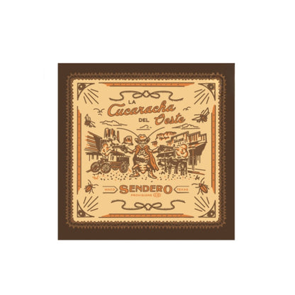Decorative bandana with intricate designs and text on a white background
