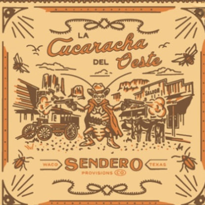 Western-themed packaging with a cowboy illustration and text 'La Cucaracha del Oeste' from Sendero Provisions Co.