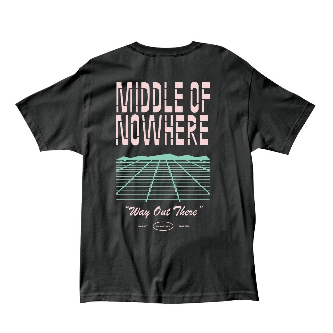 Black t-shirt with 'Middle of Nowhere' graphic design on a white background