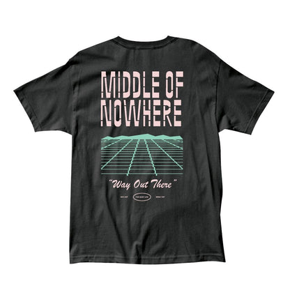 Black t-shirt with 'Middle of Nowhere' graphic design on a white background
