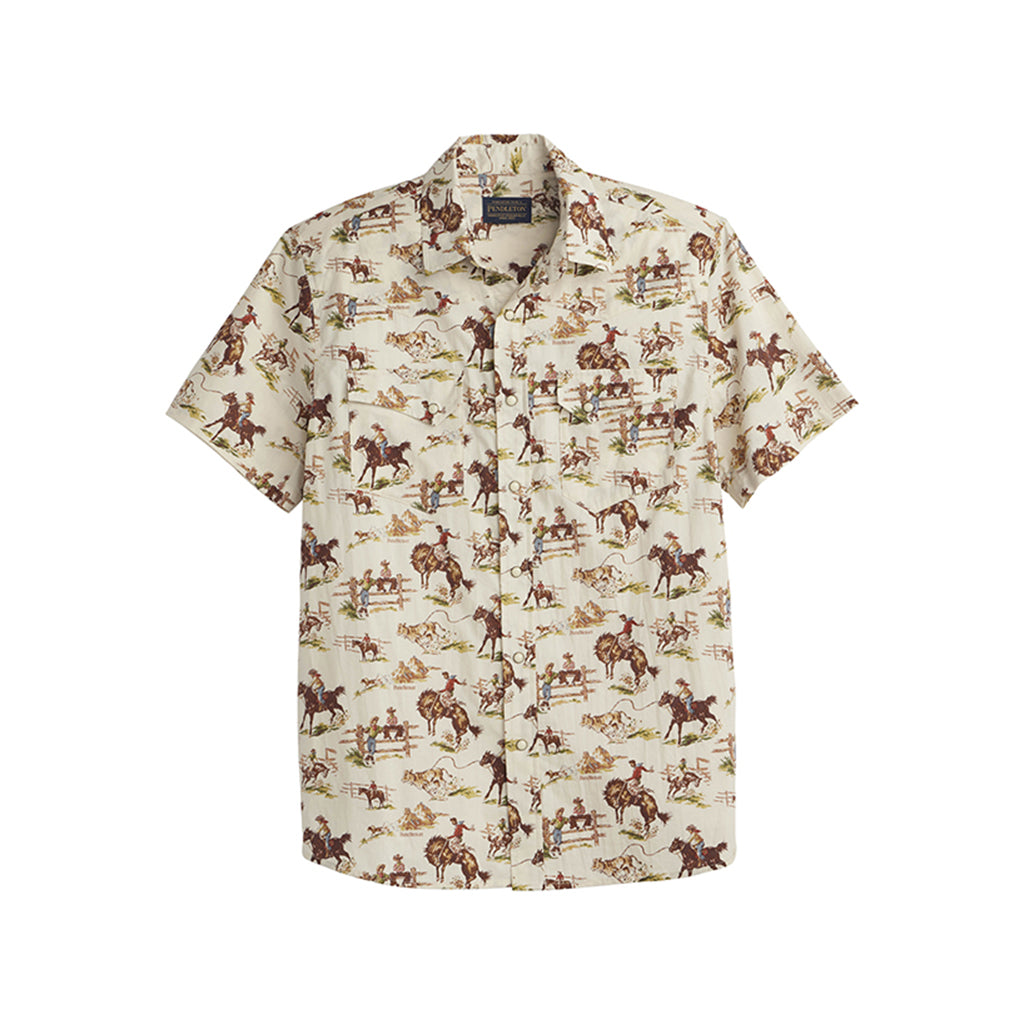 Short-sleeve shirt with horse and rider pattern on a white background