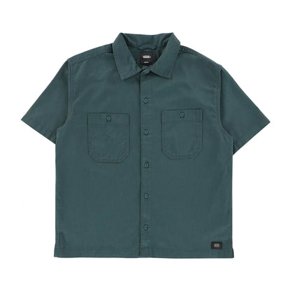 Green short-sleeve shirt with two front pockets on a white background