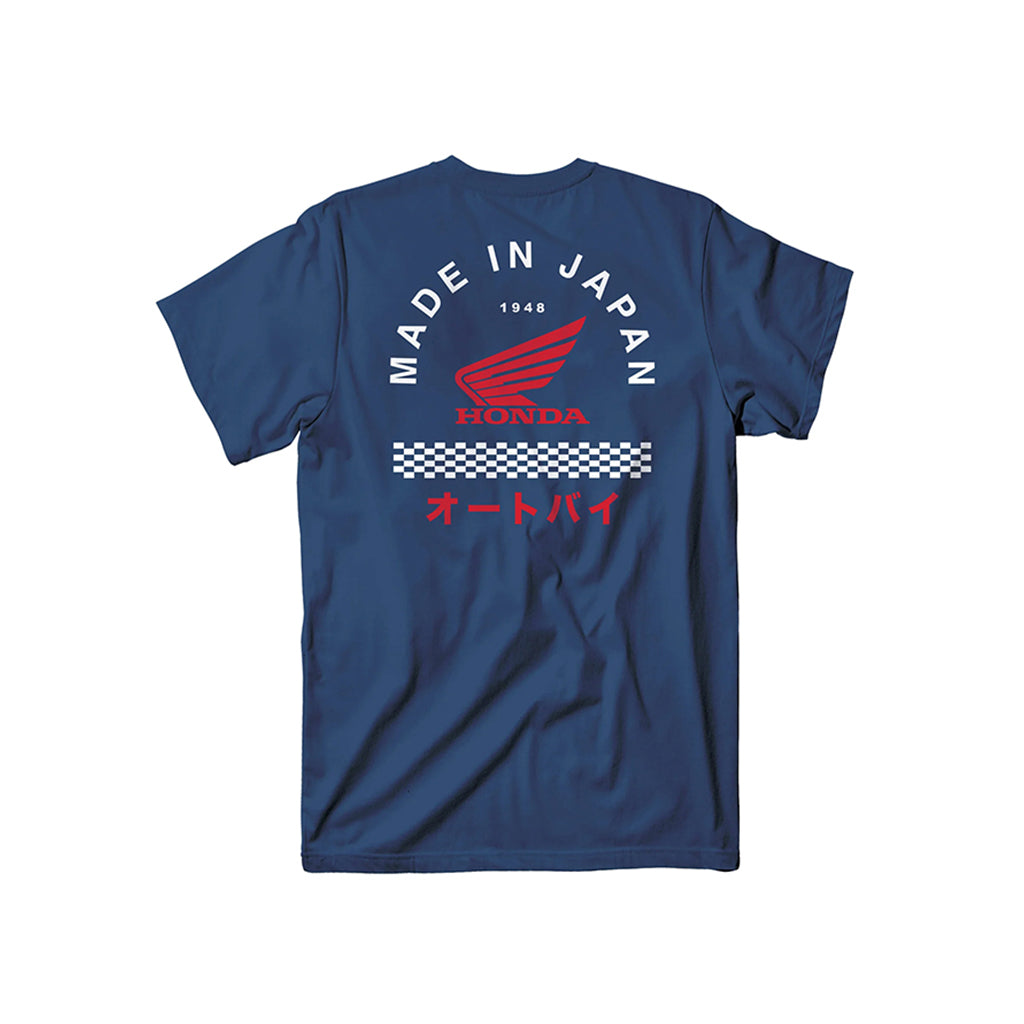 Blue t-shirt with Honda logo and 'Made in Japan' text on a white background