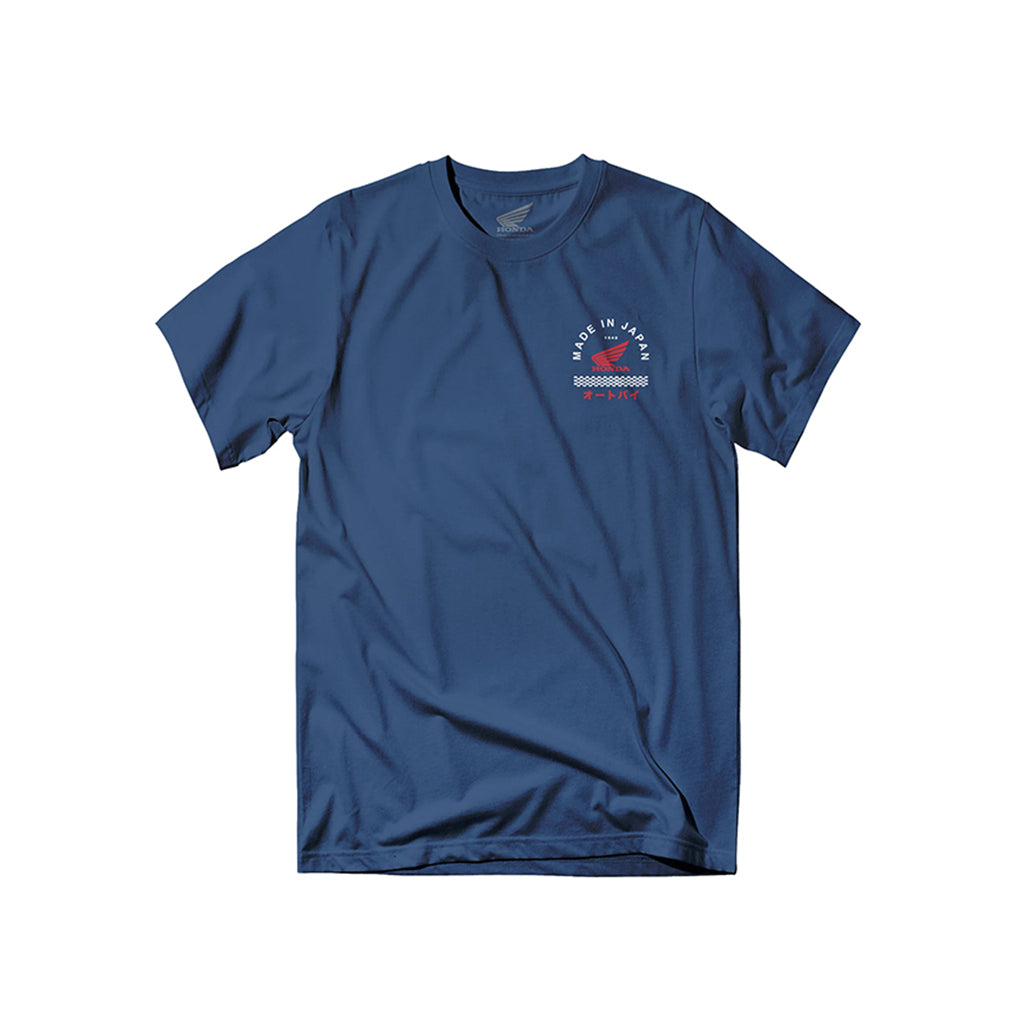 Blue t-shirt with a small graphic on a white background